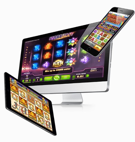 Online slots shown on a computer, a tablet and a mobile